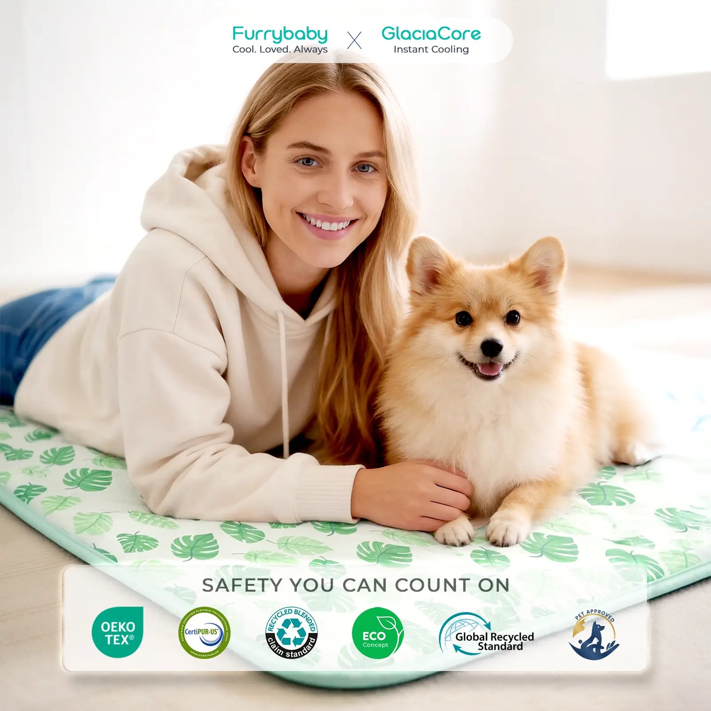 Dog and Cat Cooling Mat - Soft, Breathable Self-Cooling Pad for Pet Beds, 23"x18", Washable Non-Slip Design for Indoor and Outdoor Use, Leaf Pattern