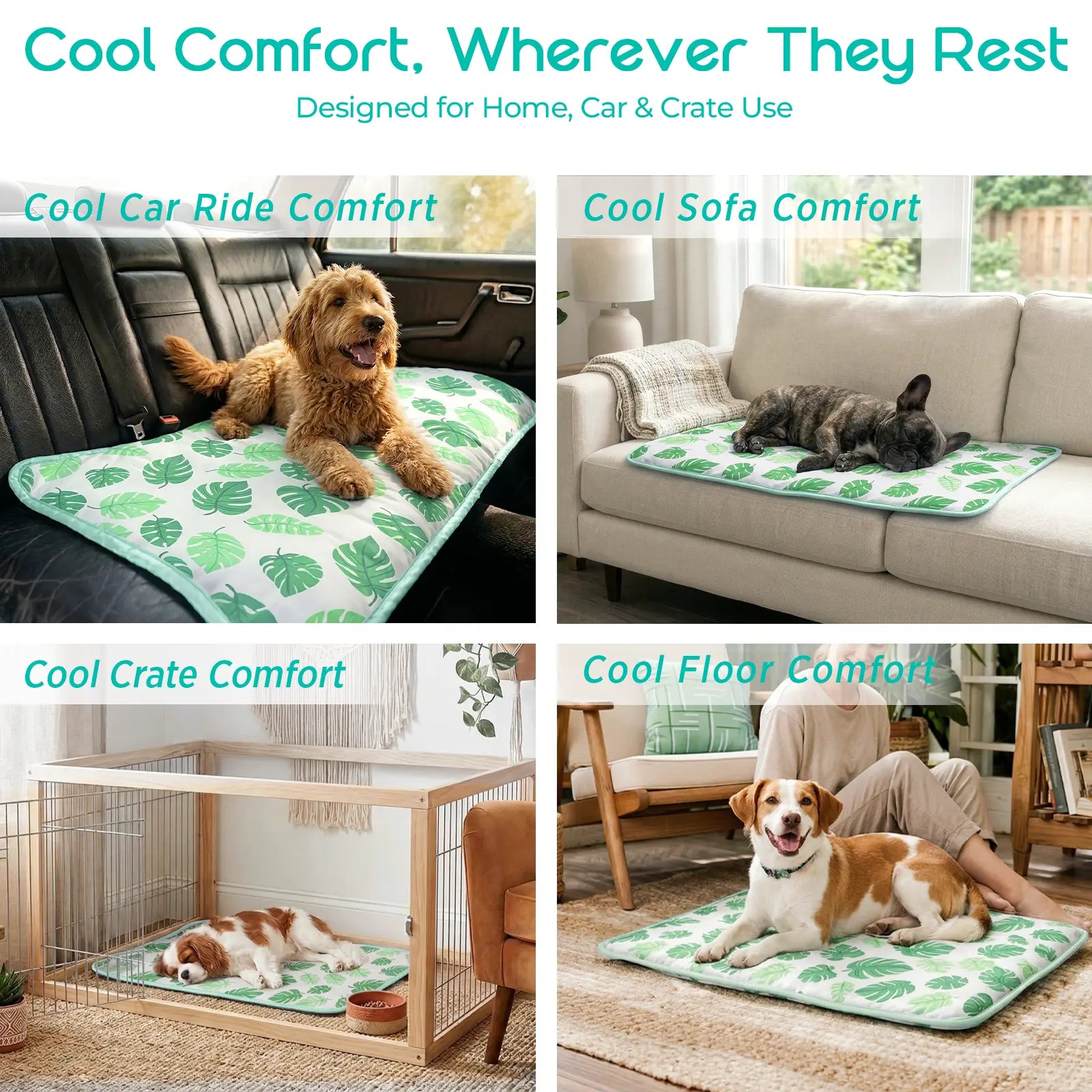 Dog and Cat Cooling Mat - Soft, Breathable Self-Cooling Pad for Pet Beds, 23"x18", Washable Non-Slip Design for Indoor and Outdoor Use, Leaf Pattern